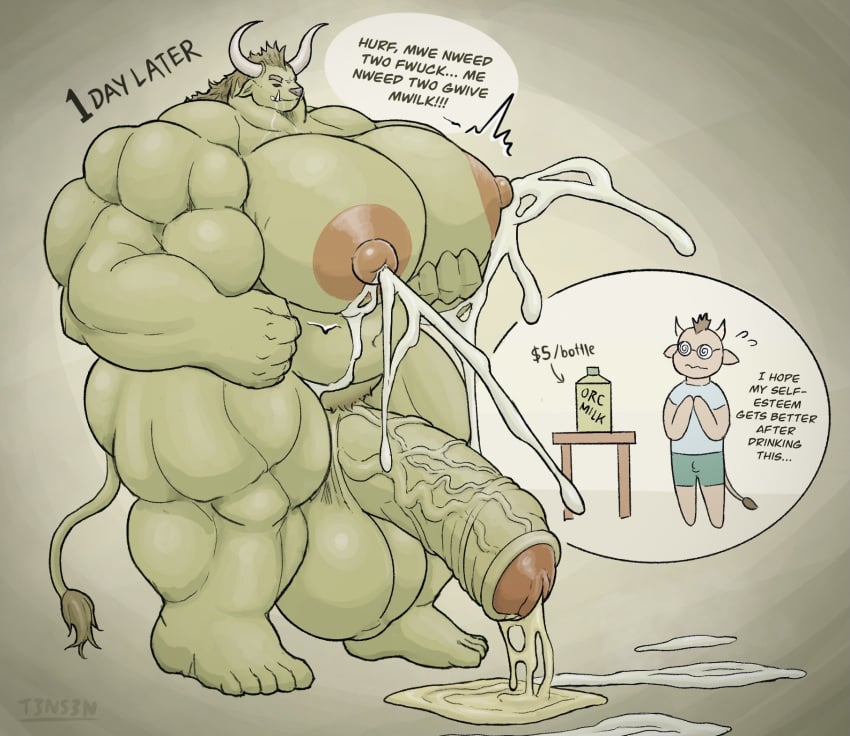 anthro balls big_balls big_penis bodily_fluids bovid bovine brute brutification cattle cum english_text european_mythology excessive_cum excessive_genital_fluids foreskin genital_fluids genitals greek_mythology green_body green_skin growth heavy_musk hi_res horn huge_balls huge_cock hyper hyper_balls hyper_cum hyper_genitalia hyper_penis lactating male male/male male_lactation mammal masculinization milk minotaur muscle_growth musclegut muscular muscular_anthro muscular_male musk mythology orc orc_male penis penis_expansion smell solo t3ns3n text thick_milk transformation vein virile