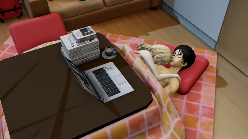 1boy 1boy1girl artist_request attack_on_titan blonde_hair books breasts christa_lenz coffee_mug couch couple_(romantic) cuddle dark_brown_hair dim_lighting door embrace erehisu eren_jaeger female furniture historia_reiss kotatsu laptop mikumikudance muscular_male naked naked_female peaceful romantic_couple shingeki_no_kyojin sleeping snuggling tbomb100