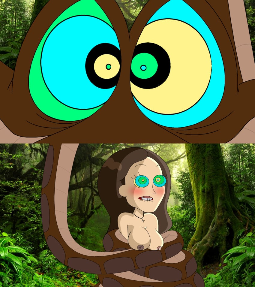 biting_own_lip coiled crossover exposed_breasts hypnotic_eyes jungle_background kaa kaa_(jungle_book) kaa_eyes naked rick_and_morty squeezing squeezing_breast the_jungle_book tricia_lange webart20