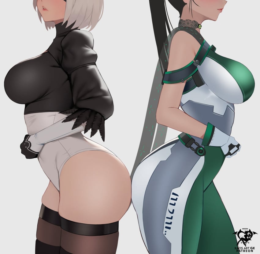 2girls artist_logo ass ass-to-ass ass_to_ass big_ass big_breasts black_hair black_hairband black_thighhighs bodysuit breasts crossover curvy eve_(stellar_blade) eyes_out_of_frame female female_only from_side gloves green_bodysuit grey_hair hairband juliet_sleeves kaos_art large_breasts leotard long_hair long_sleeves multicolored_bodysuit multicolored_clothes multiple_girls nier:_automata planet_diving_suit_(7th)_(stellar_blade) ponytail puffy_sleeves short_hair side-by-side skin_tight stellar_blade thick_thighs thighhighs thighs tight_clothes very_long_hair white_background white_bodysuit yorha_2b