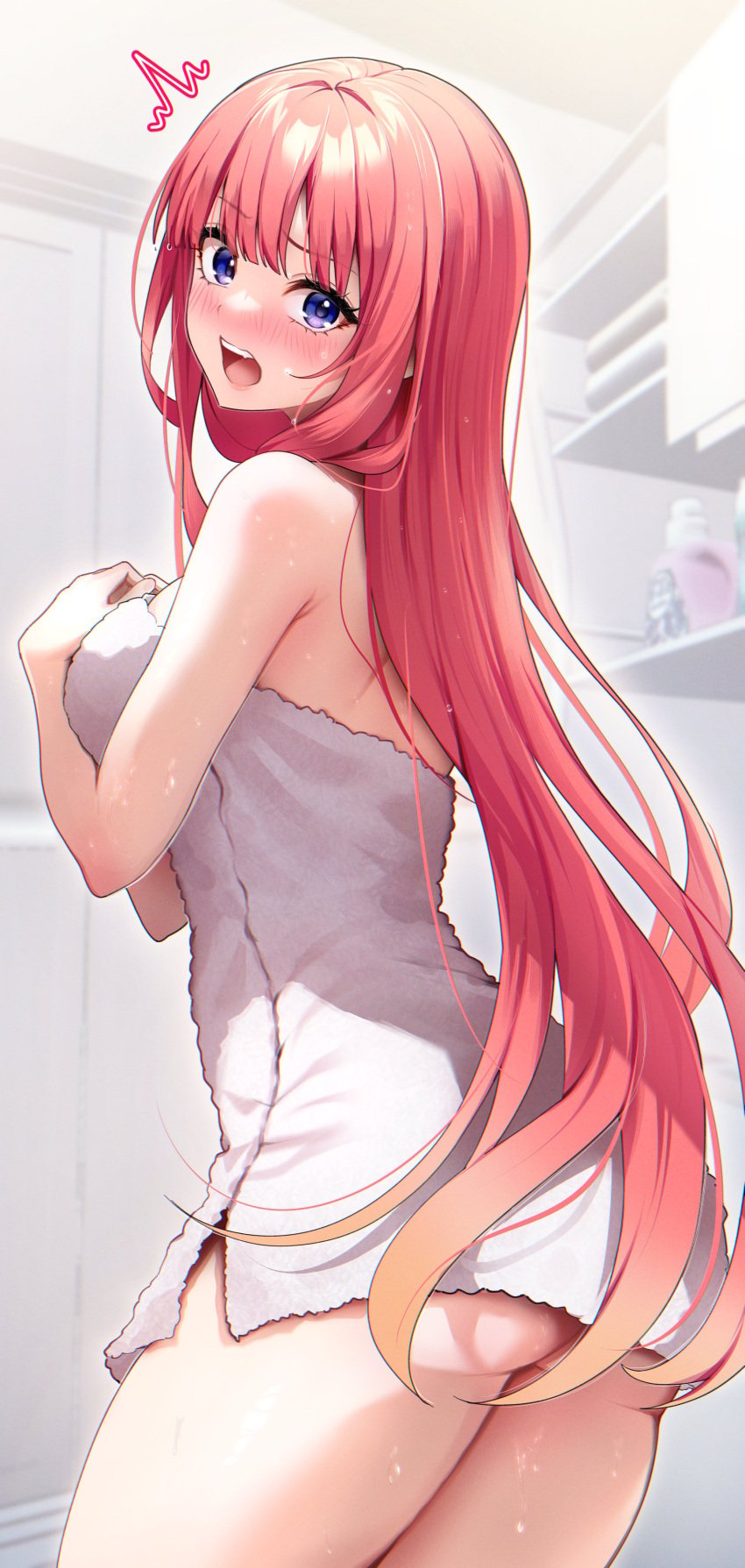 absurdres alternate_hairstyle ass bathroom blue_eyes blunt_bangs blush breasts female go-toubun_no_hanayome gradient_hair hair_down highres indoors kurosaki_coco large_breasts long_hair looking_at_viewer looking_back multicolored_hair nakano_nino naked_towel notice_lines open_mouth pink_hair solo surprised teeth towel upper_teeth_only wet