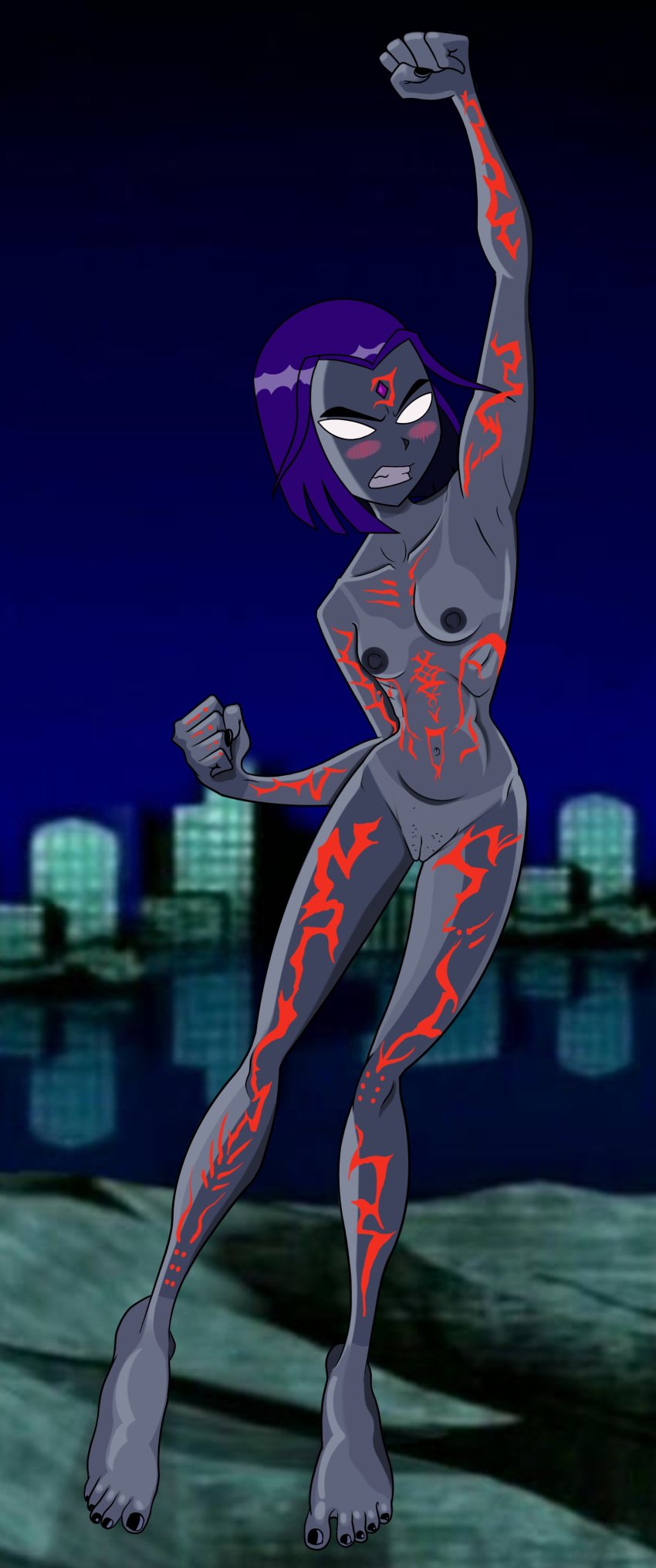 1girls artist_request dc dc_comics feet female female_only grey_skin huge_feet humiliated humiliation naked no_clothes no_panties nude purple_hair raven_(dc) small_breasts solo tanline teen_titans teen_titans_(television_series) white_eyes