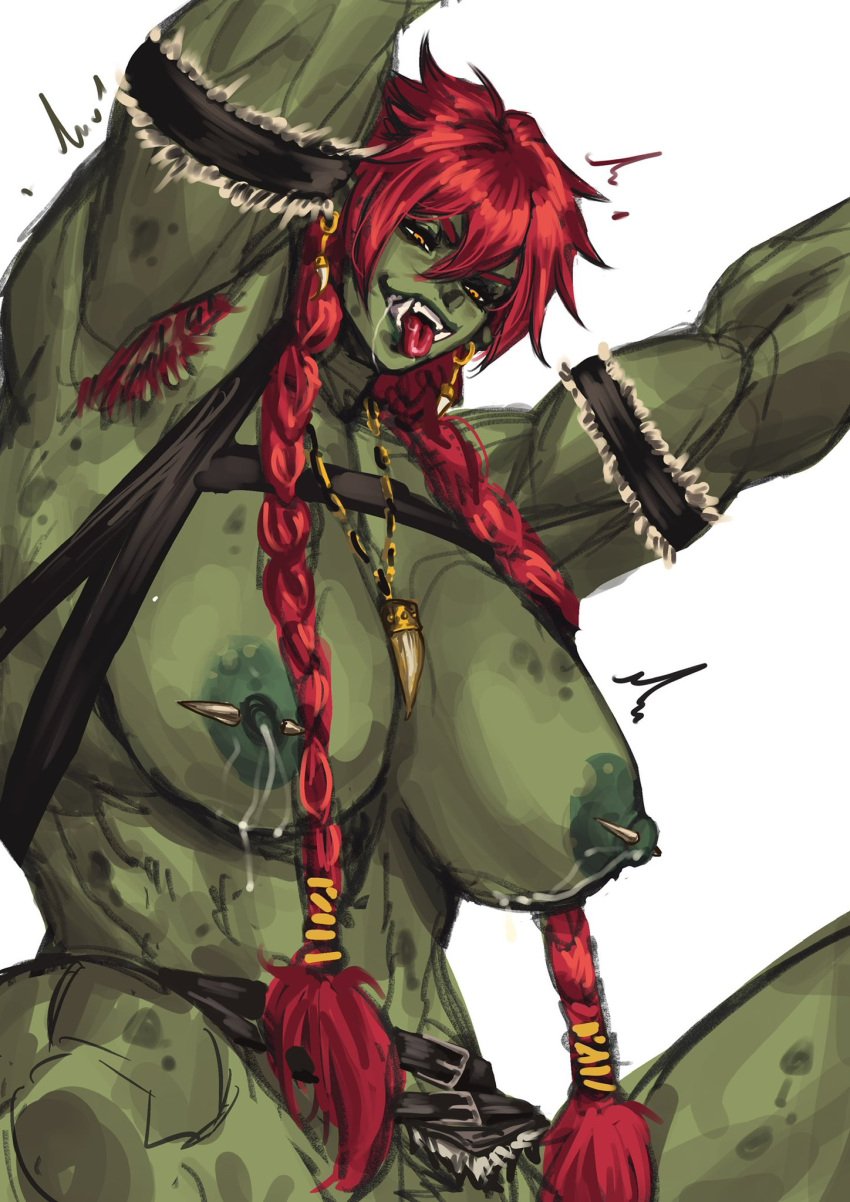 big_breasts bula_(virgoart1509) green_skin lactation muscular muscular_female orc orc_female red_hair virgoart1509