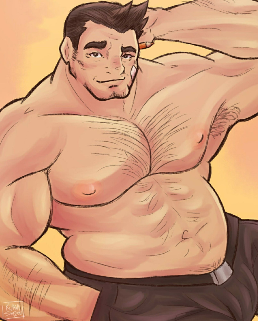 ace_attorney bandaid bandaid_on_face bara bara_tiddies bara_tits breasts bulge daddy dick_gumshoe facial_hair gay hair hairy kumasaturn2 male male_focus male_only muscle muscles muscular muscular_arms muscular_male nipples pants pecs smile smiling smiling_at_viewer solo solo_focus