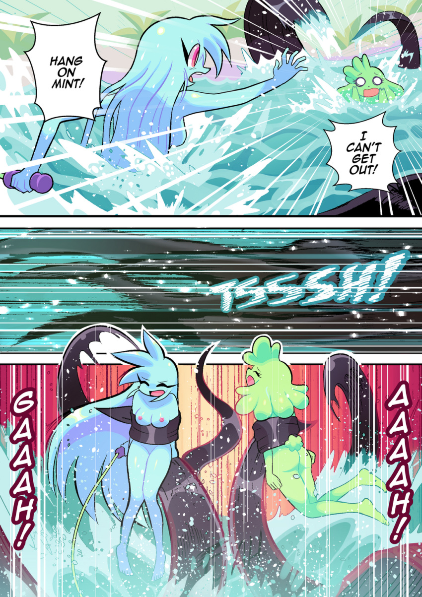 blue_hair blue_skin casual_exposure casual_nudity comic edit edited female green_hair green_skin hot_spring mint_starberry nude_filter purple_eyes spaicy spaicy_chicross tentacle weapon whip yellow_eyes