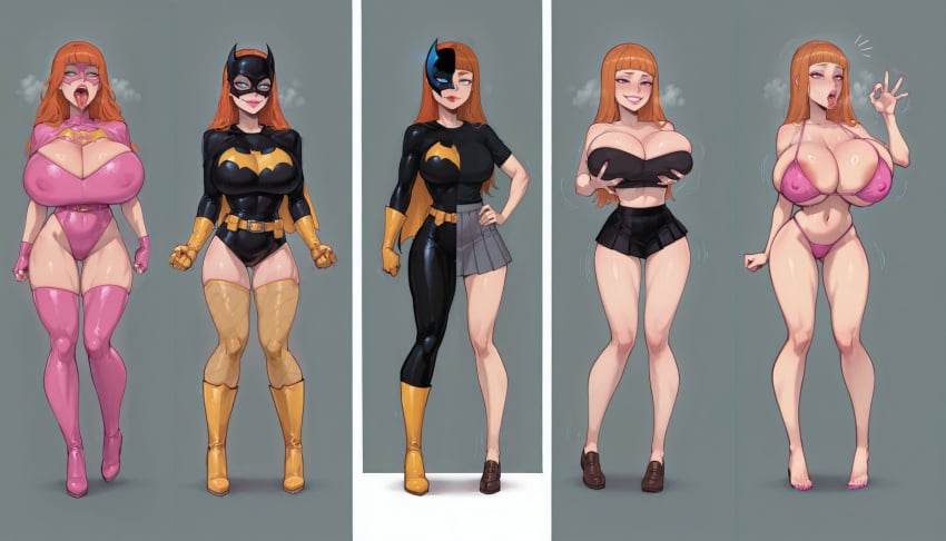 ai_generated barbara_gordon batgirl bimbo bimbofication bimbofied breast_grab costume fdpdablizzard998 fellatio_gesture full_body sequence tongue_out transformation_sequence