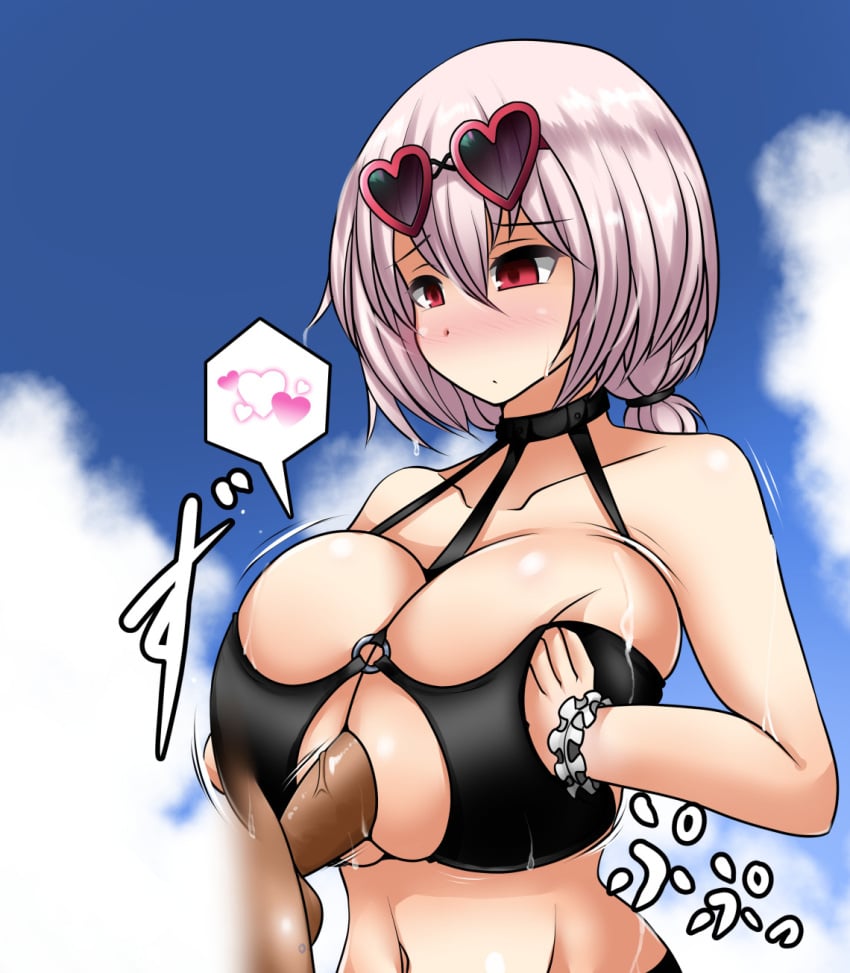 1boy 1girls alternate_costume anago_nia azur_lane bar_censor bikini bikini_top blue_sky blush boob_window breasts censored dark-skinned_male dark_skin erect_penis erection eyebrows_visible_through_hair huge_breasts light-skinned_female light_skin nose_blush official_alternate_costume outdoors paizuri paizuri_under_bikini penis red_eyes royal_navy_(azur_lane) sirius_(azur_lane) sirius_(scorching-hot_seirios)_(azur_lane) sky spoken_hearts sunglasses sunglasses_on_head swimsuit swimsuit_paizuri swimsuit_top swimzuri wet wet_skin white_hair