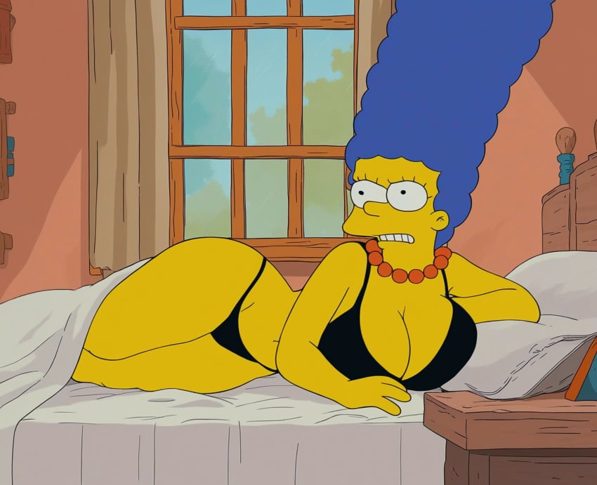 20th_century_fox 20th_century_studios ai_generated angry artstyle_imitation bed black_bra black_thong bra cleavage fonglet large_breasts laying_down laying_on_bed laying_on_side marge_simpson matt_groening_(style) sheets the_simpsons thong window