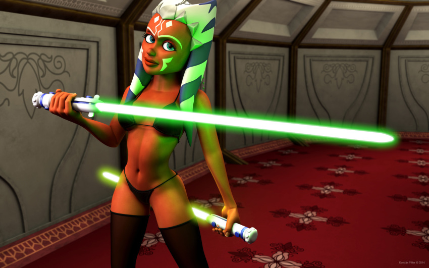 1girls 3d ahsoka_tano alien alien_girl artist_name bare_shoulders big_breasts bikini bikini_bottom bikini_top blue_eyes busty chair clone_wars coruscant curvy eyelashes female female_only footwear front_view green_lightsaber holding_object hourglass_figure humanoid indoors inside jedi jedi_padawan kondaspeter legwear lightsaber looking_at_viewer mammal marking midriff orange_skin pose posing room see-through senate_building shadow shiny shiny_skin solo spread_legs spreading standing star_wars stockings swimsuit thong togruta voluptuous weapon wide_hips