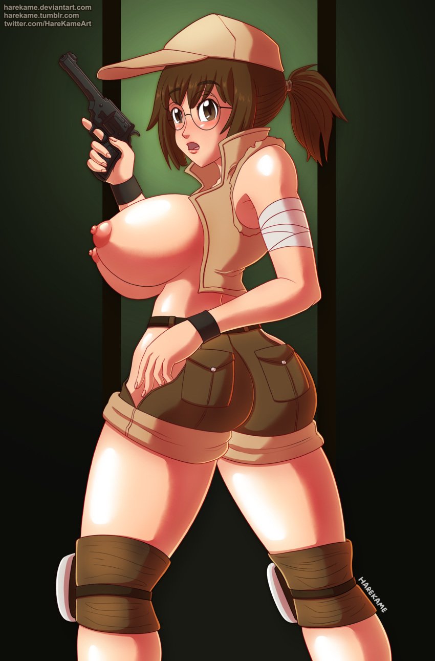 1girls areolae armband artist_name ass big_breasts breasts brown_eyes brown_hair cap clothing erect_nipples erection female female_only fio_germi glasses gun hair handgun harekame huge_breasts human large_breasts legs looking_at_viewer metal_slug nipples on_back open_mouth pistol ponytail pose posing short_hair short_shorts shorts signature snk solo standing surprised text thighs tied_hair url watermark weapon