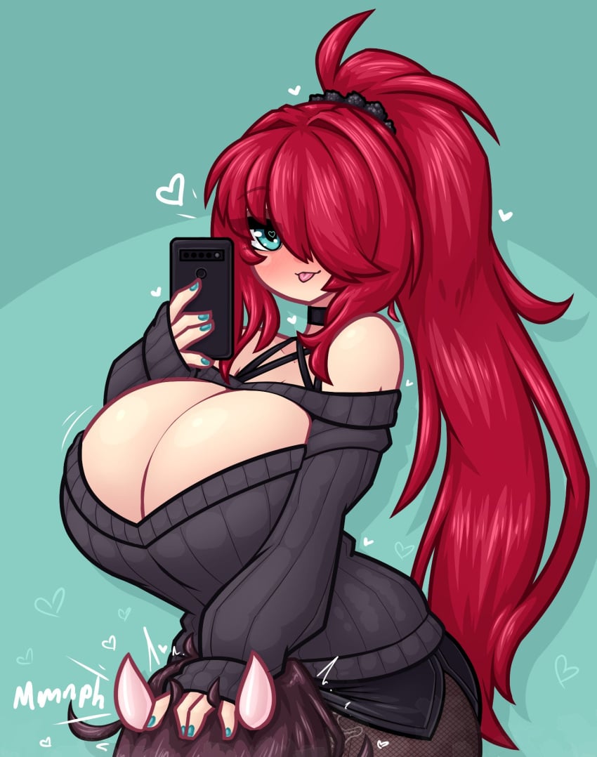 1futa 1girls big_breasts blowjob blue_eyes breasts brown_hair cleavage clothed clothing duo female forced_oral futa_on_female futanari heart-shaped_pupils horns human light-skinned_futanari light_skin limebreaker mostly_clothed muffled_moaning phone ponytail red_hair rose_(limebreaker) selfie sex standing sweater tongue_out