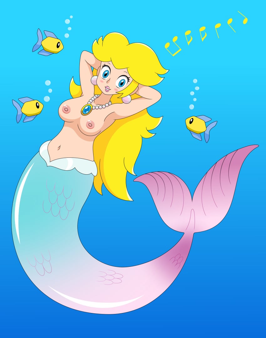 1girls absurd_res blonde_hair blush breasts bubble ear_piercing ear_ring female female_focus fish gem gradient_body hair hands_behind_back hands_behind_head hi_res humanoid jewelry joyvell lipstick makeup marine mario_(series) merfolk mermaid mermaid_peach monster_girl_(genre) musical_note navel necklace nintendo nipples pearl_(gem) pearl_necklace piercing png princess_peach princess_peach:_showtime! ring_piercing scales smile solo split_form topless underwater water