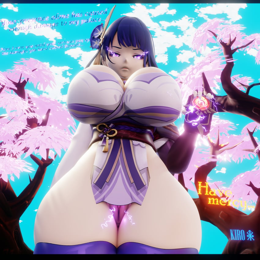 1boy 1girls 3d bennett_(genshin_impact) big_breasts breasts busty dialogue electricity female genshin_impact huge_breasts kiro93591529 large_breasts lightning looking_down male male_pov no_panties png pov purple_eyes purple_hair pussy raiden_shogun robe talking_to_viewer text thick_thighs wide_hips