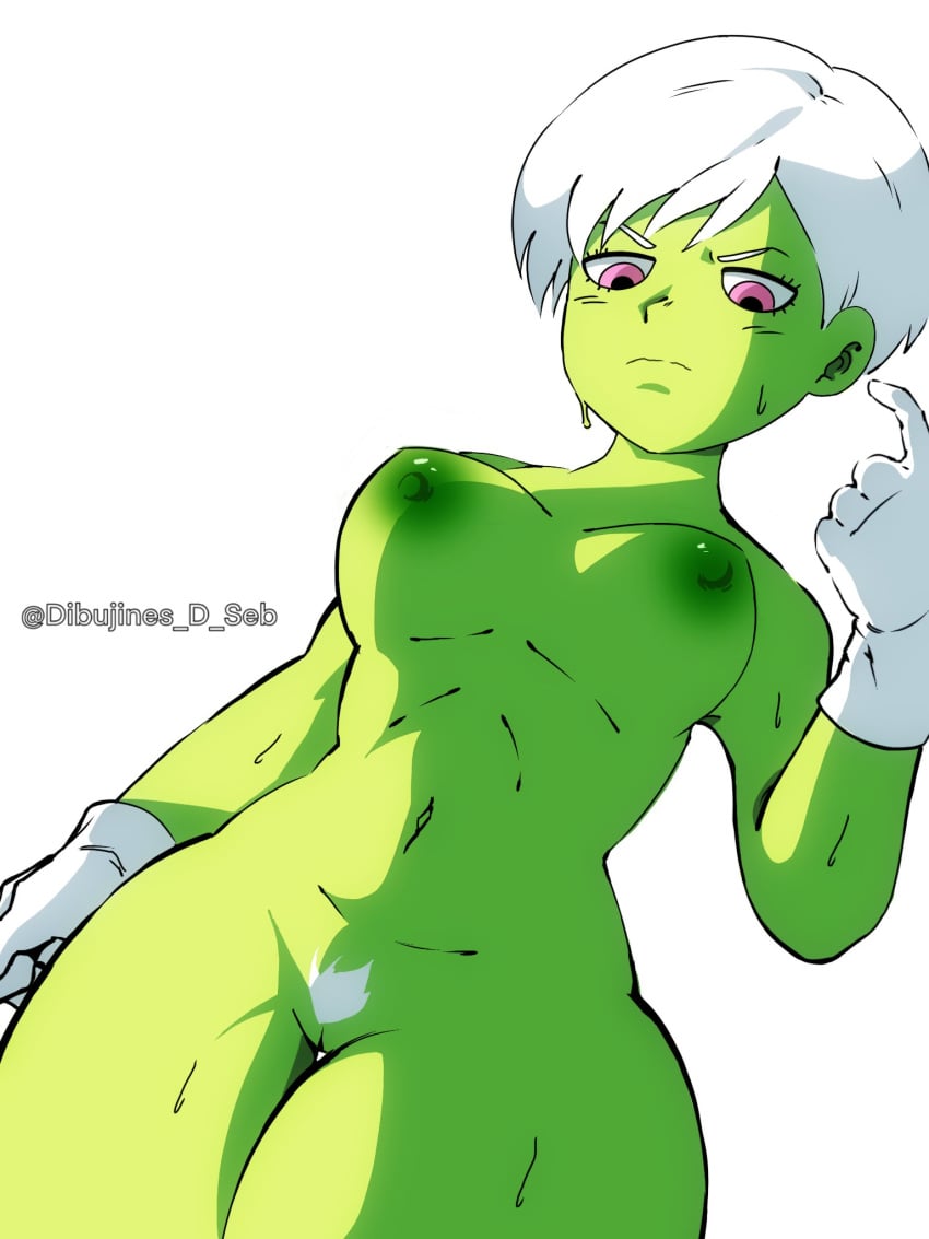 1girls areolae big_breasts breasts cheelai dibujines_d_seb dragon_ball dragon_ball_super dragon_ball_super_broly female green_skin nipples pubes pubic_hair purple_eyes pussy solo solo_female sweat thick_thighs thighs white_hair