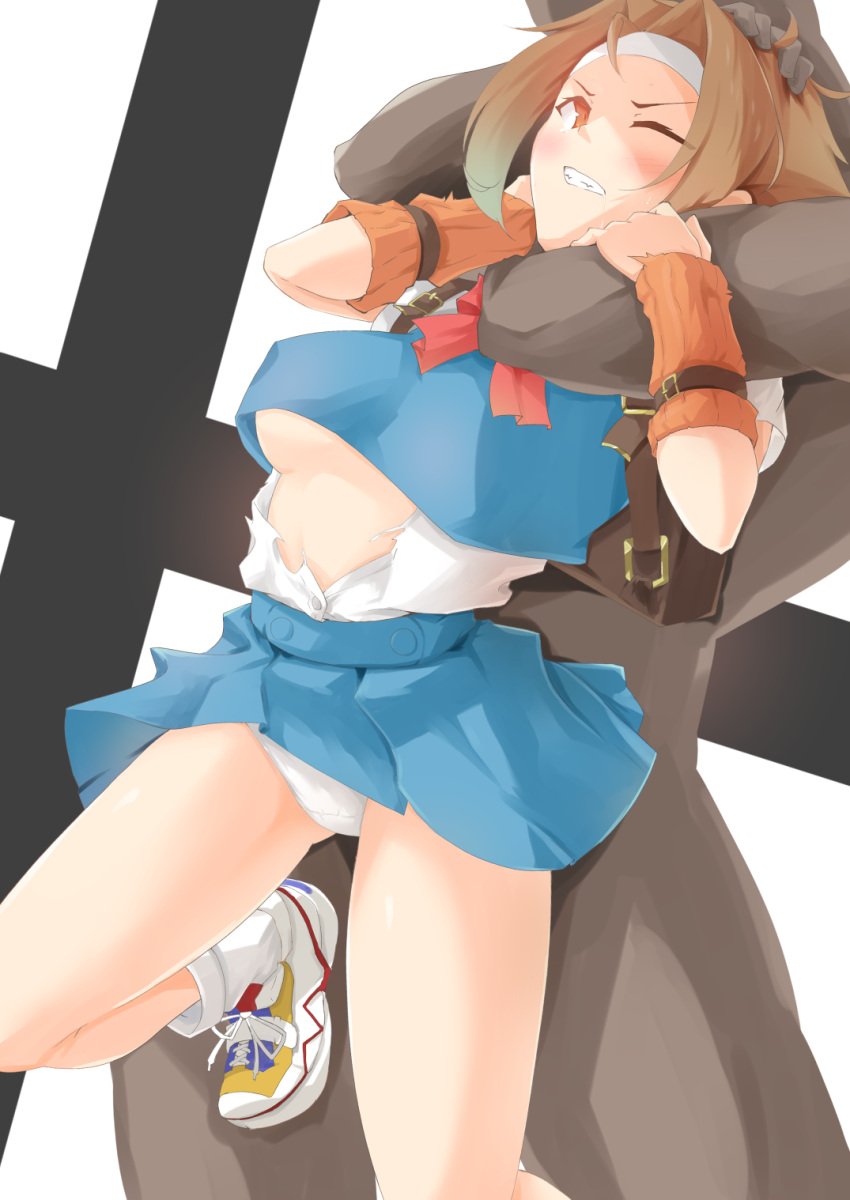 1boy 1girls blush breasts brown_eyes brown_hair choke_hold clenched_teeth dai_fuku dark-skinned_male dark_skin head_grab headband highres hinata_wakaba medium_breasts one_eye_closed panties pantyshot request restrained rival_schools ryona school_uniform shoes short_hair sleeper_hold sneakers torn_clothes torn_shirt underboob unseen_male_face white_panties