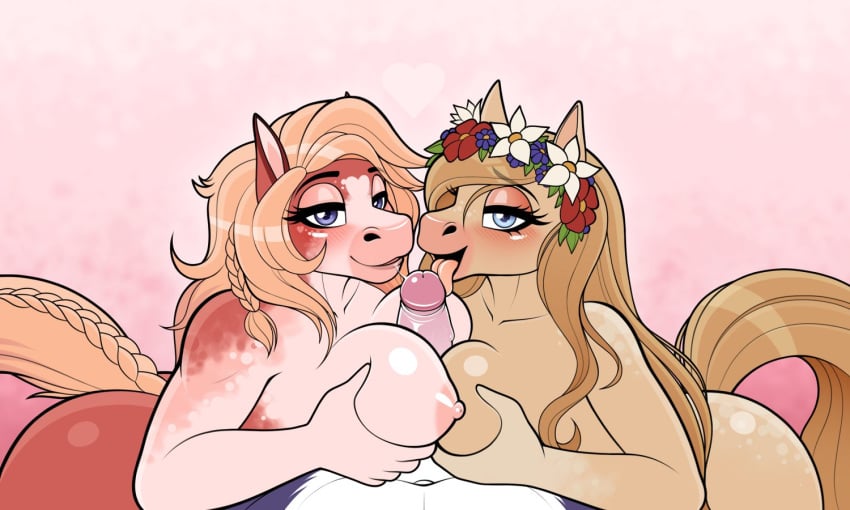 2girls anthro big_breasts breasts dean_(drako1997) drako1997 fur furry horse licking_penis oral oral_sex original penis tagme titfuck tongue tongue_out