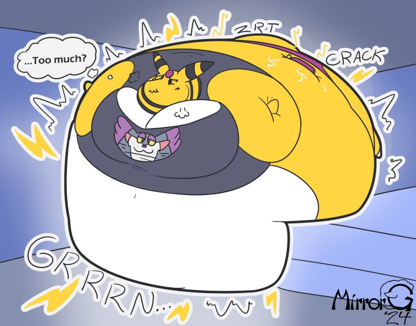 about_to_burst ampharos balloon_inflation big_breasts breasts cleavage female huge_breasts inflation mirrorgs pokémon_(species) pokemon pokemon_(species) purugly tagme thick_thighs wide_hips