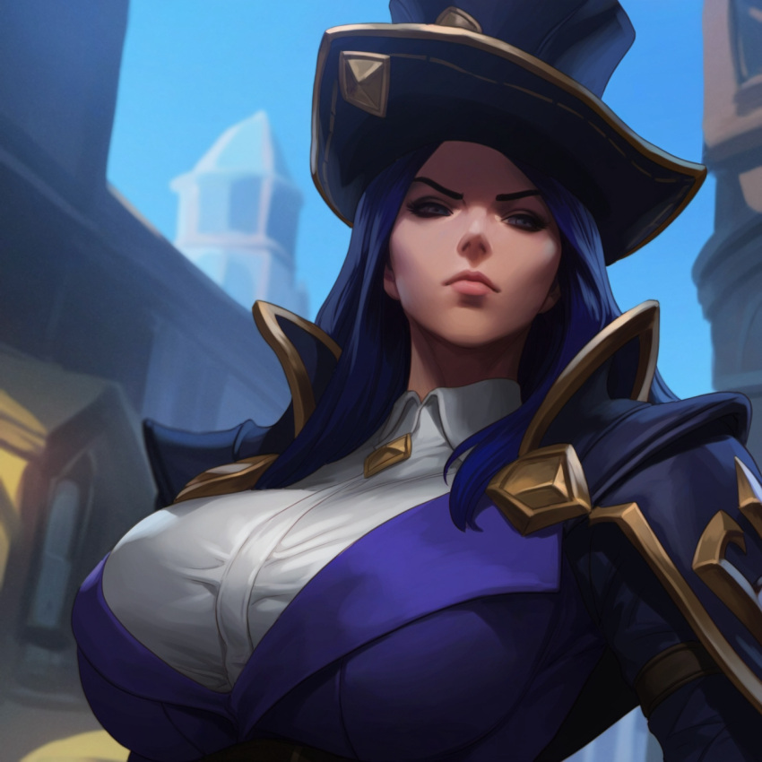 ai_generated boobs caitlyn_kiramman close-up clothed clothed_breasts clothed_female hat huge_breasts league_of_legends massive_breasts piercing_eyes suit uniform