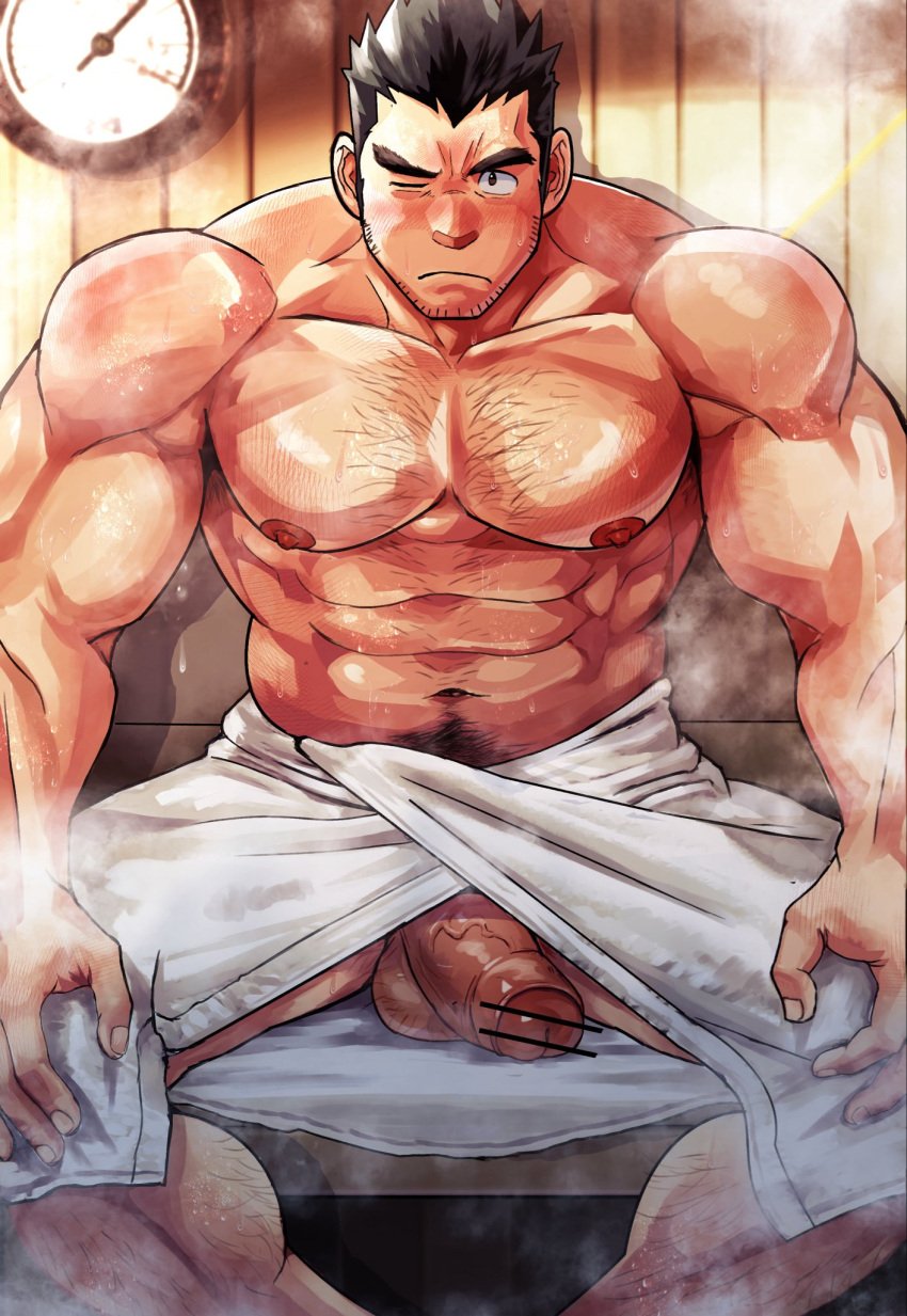 1boy abs armpit_hair armpit_hair_peek bar_censor bara black_hair blush censored chest_hair feet_out_of_frame foreskin half-erect highres large_pectorals large_penis male_focus mature_male muscular muscular_male naked_towel navel_hair nipples one_eye_closed original pectorals penis sauna short_hair sideburns sitting solo sparse_stubble steam suamaru suamaru0808 sweat testicle_hair testicles thick_eyebrows topless_male towel towel_around_waist white_towel wooden_wall