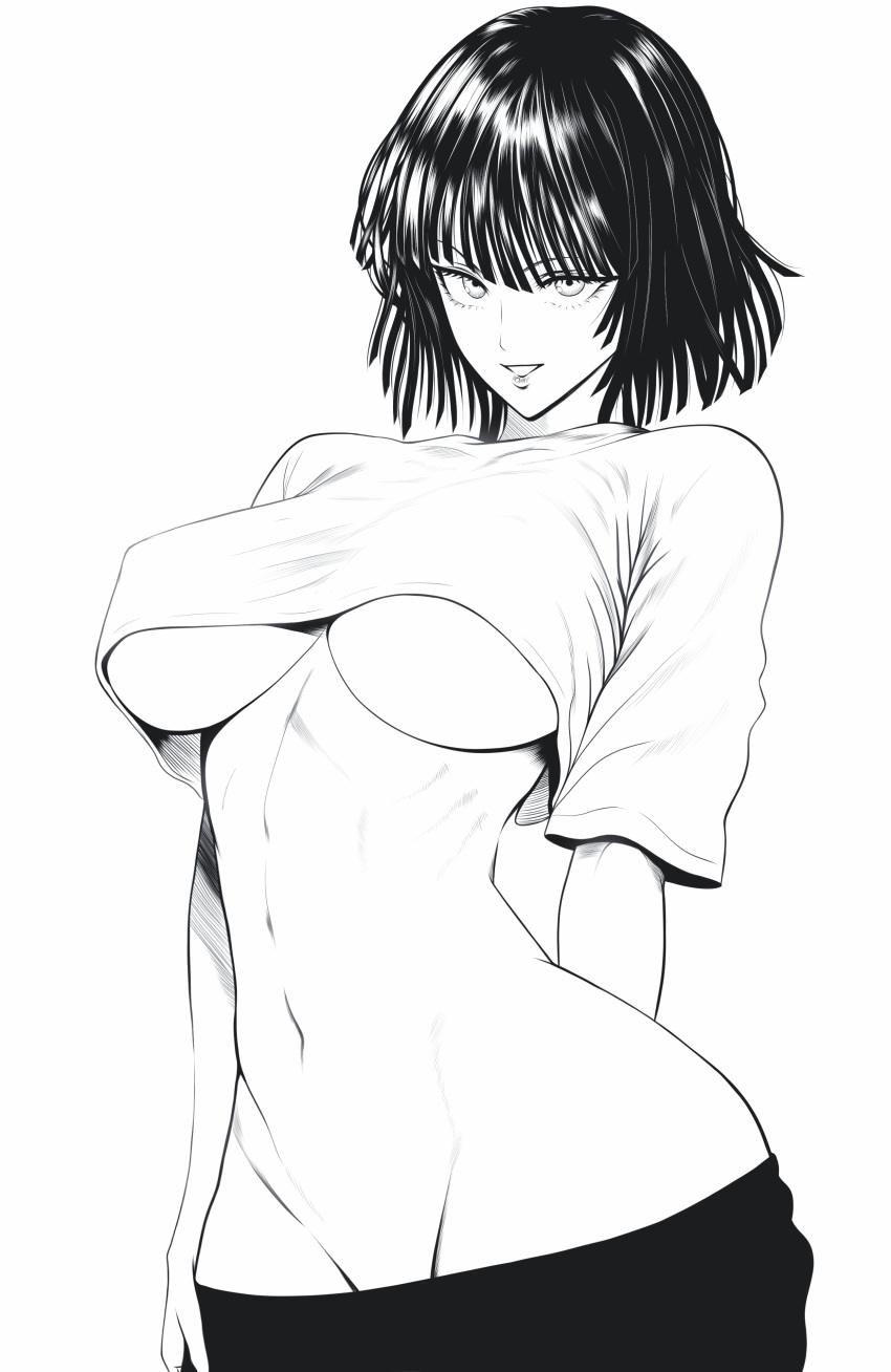 1girls big_breasts black_and_white black_hair clothed clothing female female_focus female_only fubuki_(one-punch_man) good_artwork hi_res large_breasts light-skinned_female light_skin looking_at_viewer mostlybluewyatt one-punch_man short_hair solo solo_female tagme tummy underboob