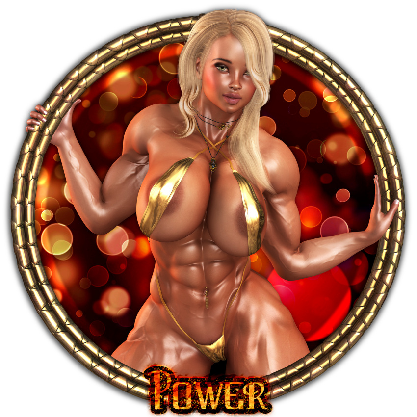 1girls 3d abs areola_slip arms_up bare_shoulders becarra big_breasts black_eyes blonde_hair busty curvy detailed_background ear_piercing earrings english_text eyelashes female female_only green_eyes hair_over_one_eye holding_object hourglass_figure human julie_(becarra) long_hair looking_at_viewer muscle muscular muscular_female necklace one-piece_swimsuit piercing pose posing shiny shiny_skin skimpy sling_bikini solo swimsuit text thong voluptuous wide_hips yellow_hair