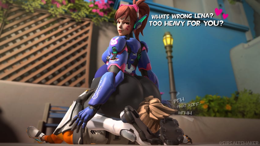 2girls 3d ass big_belly big_breasts blizzard_entertainment bodysuit breasts british brown_eyes brown_hair d.va dialogue facesitting female femdom femsub human korean massive_ass overwatch overwatch_2 overweight ponytail sirsaltshaker thick_thighs thigh_grab tracer wide_hips