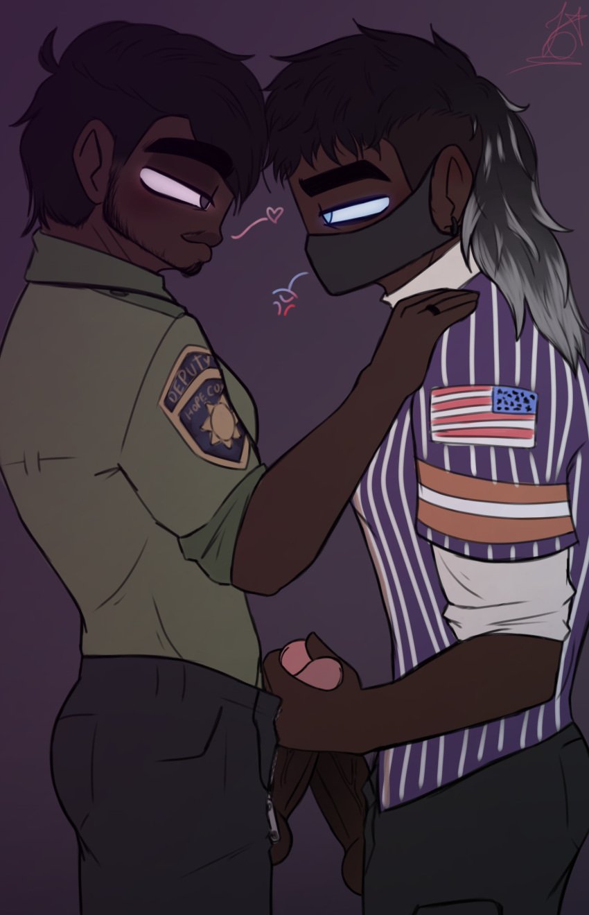 anderson_seed_(npetryck) black_hair black_mask blue_eyes blush clothed clothed_sex dark-skinned_male dark_skin deputy_(far_cry_5) far_cry_5 gay gay_men glowing_eyes mask masturbating masturbation npetryck npetryck_(artist) oc oc_x_oc ocs ryan_ryder_(npetryck) toony uniform