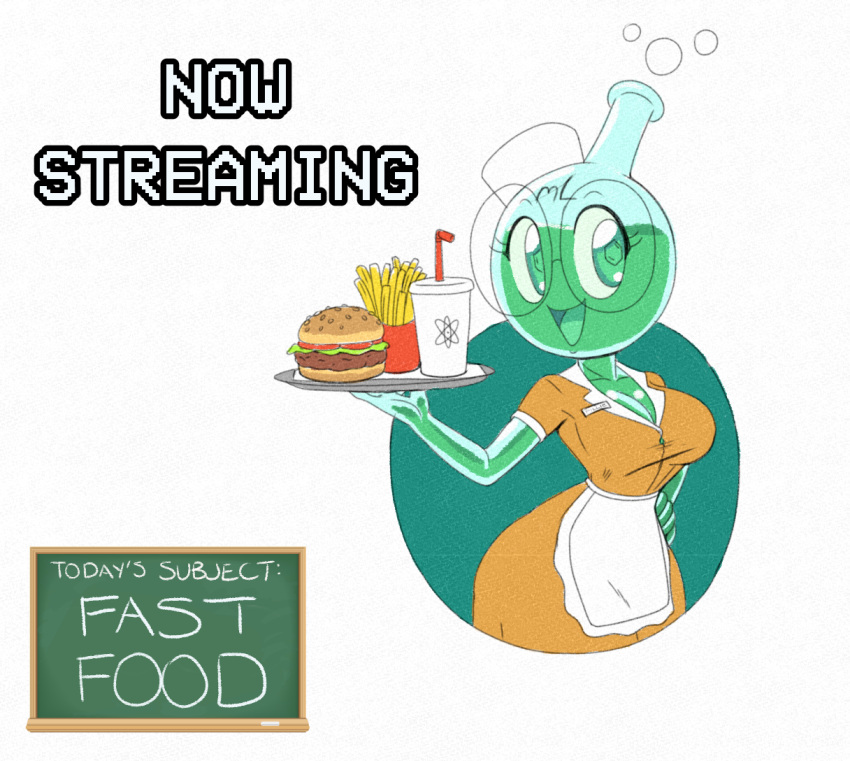 beaker cleavage fast_food fast_food_uniform french_fries glass_body hamburger millie_(tansau) soda stream_announcement tansau tansau's_lab_stream waitress