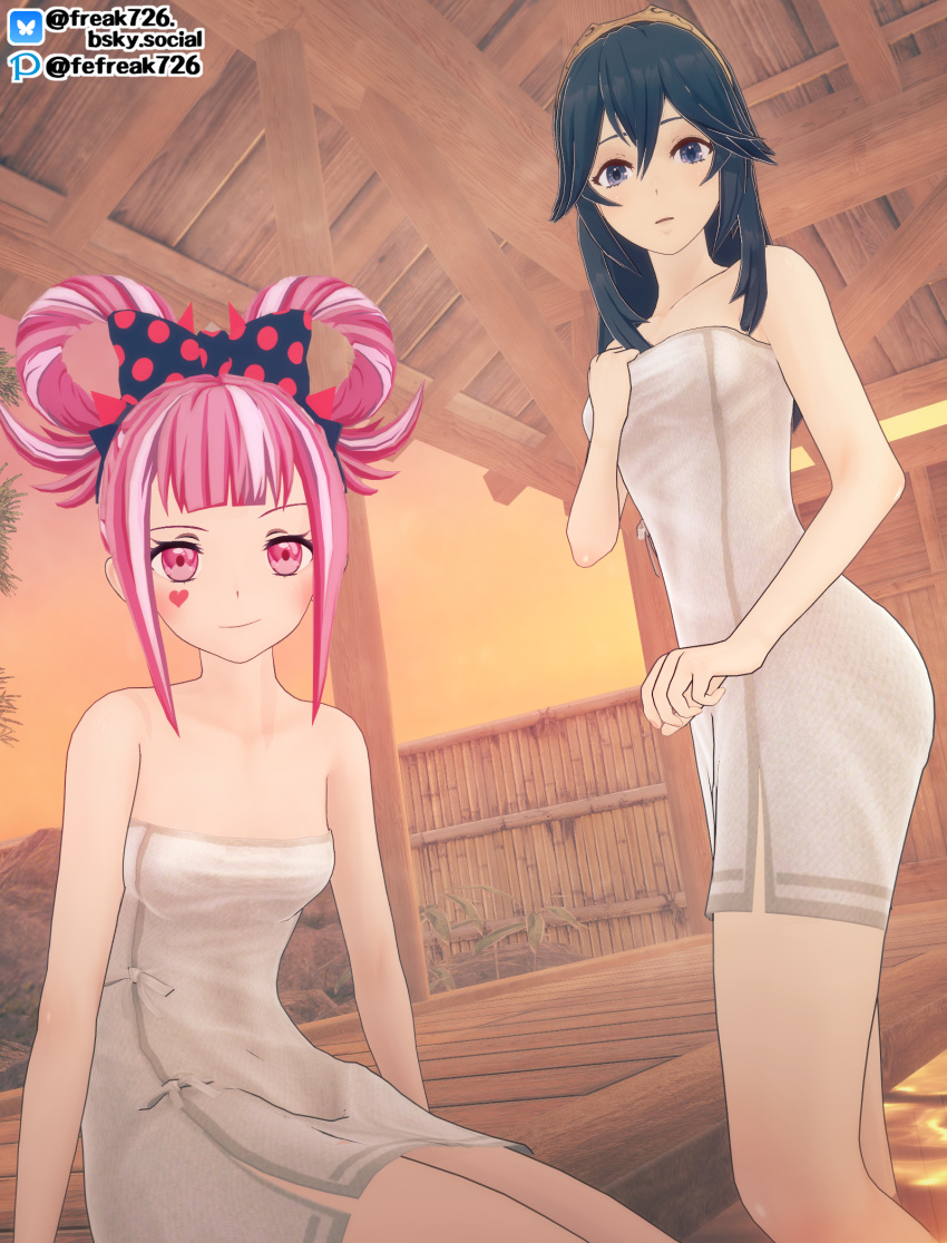 2girls 3d bangs bare_arms bare_legs bare_shoulders bare_thighs blue_eyes blue_hair breasts collarbone facial_mark facial_tattoo fefreak726 female female_only fire_emblem fire_emblem_awakening fire_emblem_engage hair_between_eyes hand_on_own_chest heart hortensia_(fire_emblem) legs long_hair looking_at_viewer lucina_(fire_emblem) medium_breasts multicolored_hair multiple_girls naked_towel nintendo onsen outdoors pink_eyes pink_hair raised_eyebrow short_hair shoulders sitting small_breasts smile smug sunset symbol-shaped_pupils tattoo thighs tiara towel