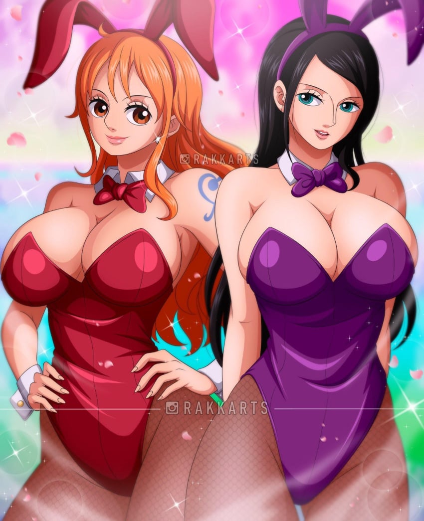 2girls big_breasts boobs_pressed breasts bunny_ears bunny_girl bunnysuit female female_focus female_only nami nico_robin one_piece post-timeskip rakara11 slut