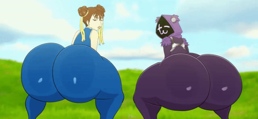 2girls animated animated_gif ass asstronsfw big_ass big_breasts big_butt brown_hair capcom chun-li fat_ass female female_only fortnite gif large_ass looking_at_viewer looking_back purple_body purple_eyes purple_fur purple_skin raven_team_leader shaking shaking_ass shaking_butt street_fighter street_fighter_alpha thick_ass thick_thighs thighs twerking wide_hips