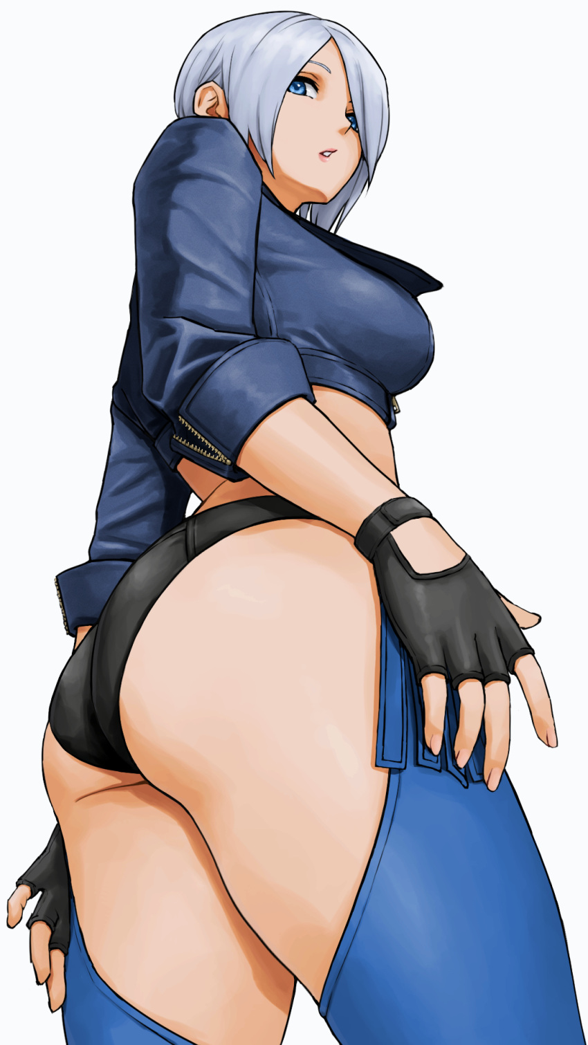 1girls 2024 2d angel_(kof) ass ass_focus big_ass big_breasts blue_eyes breasts busty clothed clothed_female clothing fat_ass female female_only fingerless_gloves from_below gloves grey_hair hair_over_one_eye highres human human_female human_only king_of_fighters large_breasts latina leather_jacket legs light-skinned_female light_skin looking_at_viewer looking_back looking_down mexican mexican_female midriff no_sex parted_lips pink_lips realistic_breast_size realistic_proportions sensual short_hair short_jacket sideboob silver_hair simple_background snk solo solo_female source_request standing teenage_girl teenager thick_thighs thighs white_background white_hair x_chitch