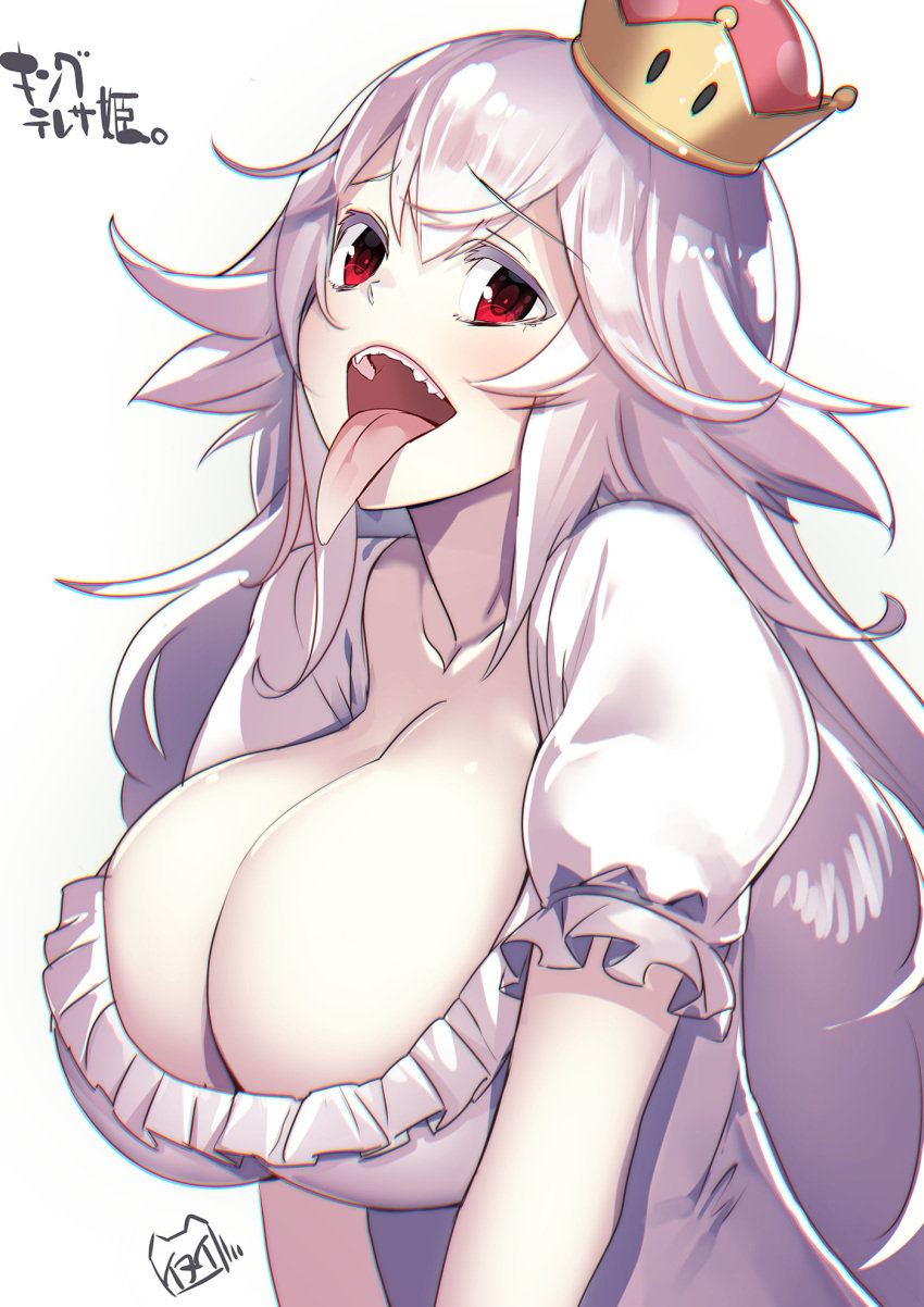 artist_name blush boosette breasts cleavage collarbone commentary_request dress female frilled_dress frilled_sleeves frills hair_between_eyes highres large_breasts long_hair long_tongue looking_at_viewer luigi's_mansion mario_(series) new_super_mario_bros._u_deluxe nintendo open_mouth princess_king_boo puffy_short_sleeves puffy_sleeves red_eyes revision sharp_teeth short_sleeves simple_background solo super_crown teeth tilted_headwear tongue tongue_out upper_body very_long_hair white_background white_dress white_hair yamacchi