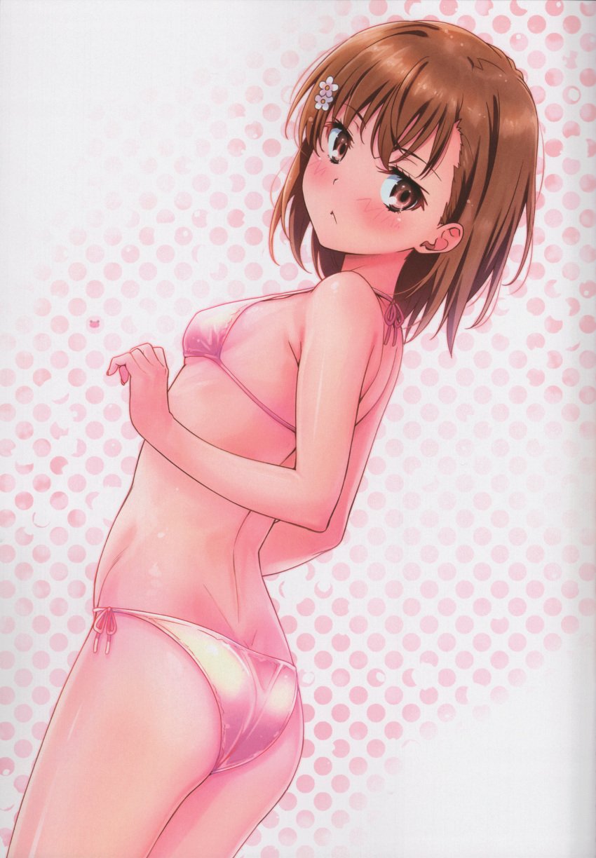 1girls 2020 2020s absurd_res ass bare_back bare_shoulders bare_thighs big_ass bikini blush brown_eyes brown_hair cowboy_shot female flower from_behind frown gekota hair_flower hair_ornament halterneck hi_res hips huge_filesize isshi_pyuma looking_at_viewer looking_back matching_hair/eyes misaka_mikoto pink_bikini pink_swimsuit polka_dot polka_dot_background ribs scan short_hair shoulder_blades sideboob solo standing string_bikini swimsuit teenage_girl teenager thick_thighs thighs to_aru_kagaku_no_railgun to_aru_majutsu_no_index wide_hips young