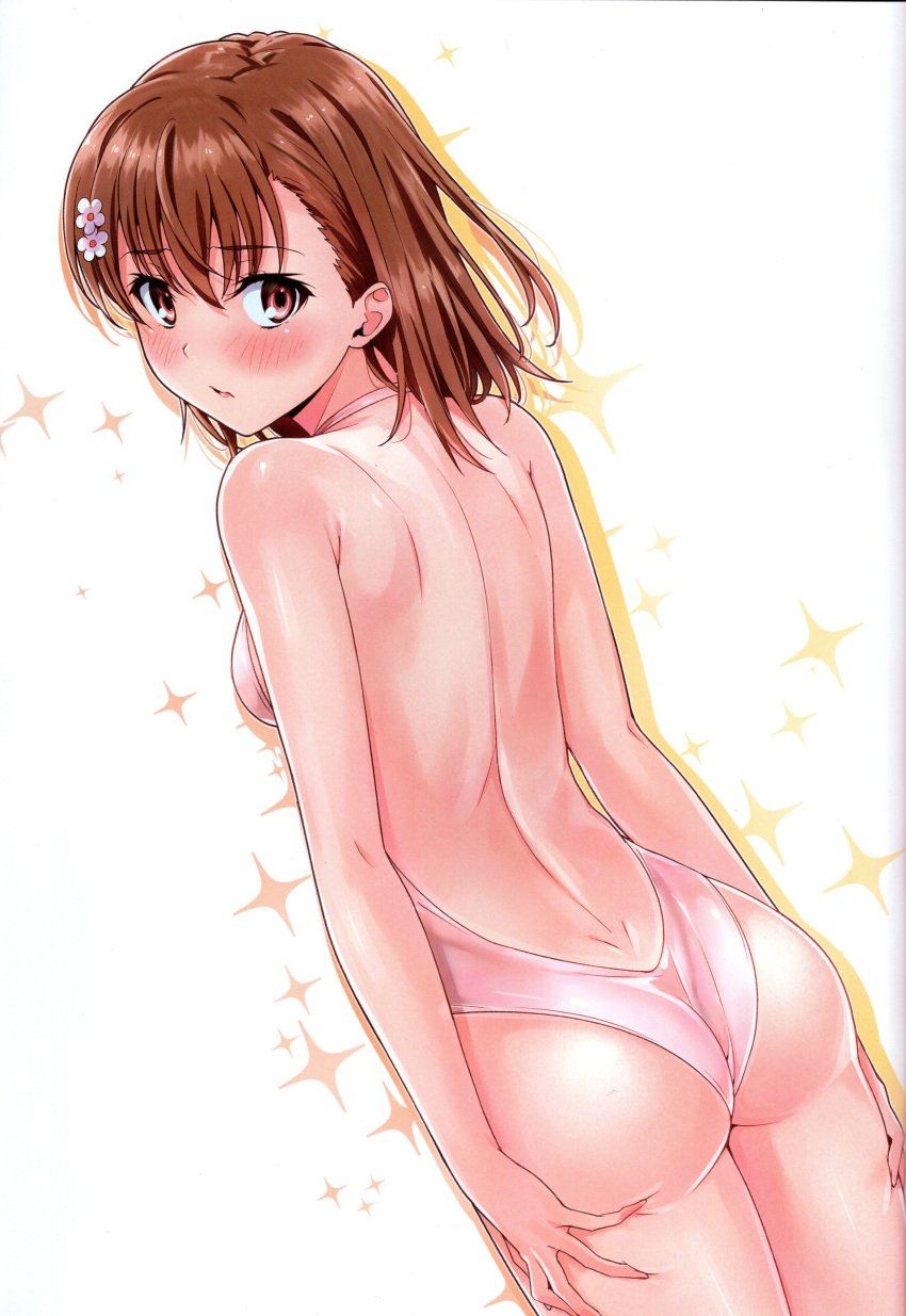 1girls 2020s 2021 absurd_res ass bare_arms bare_back bare_shoulders bare_thighs blush breasts brown_eyes brown_hair closed_mouth female flower from_behind hair_flower hair_ornament hi_res highleg highleg_swimsuit isshi_pyuma looking_at_viewer looking_back matching_hair/eyes misaka_mikoto scan shoulder_blades sideboob small_breasts solo standing swimsuit teenage_girl teenager thighs to_aru_kagaku_no_railgun to_aru_majutsu_no_index young