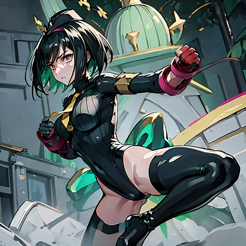 ai_generated bodysuit bowtie green_hair serious stockings takt_op.symphony tie