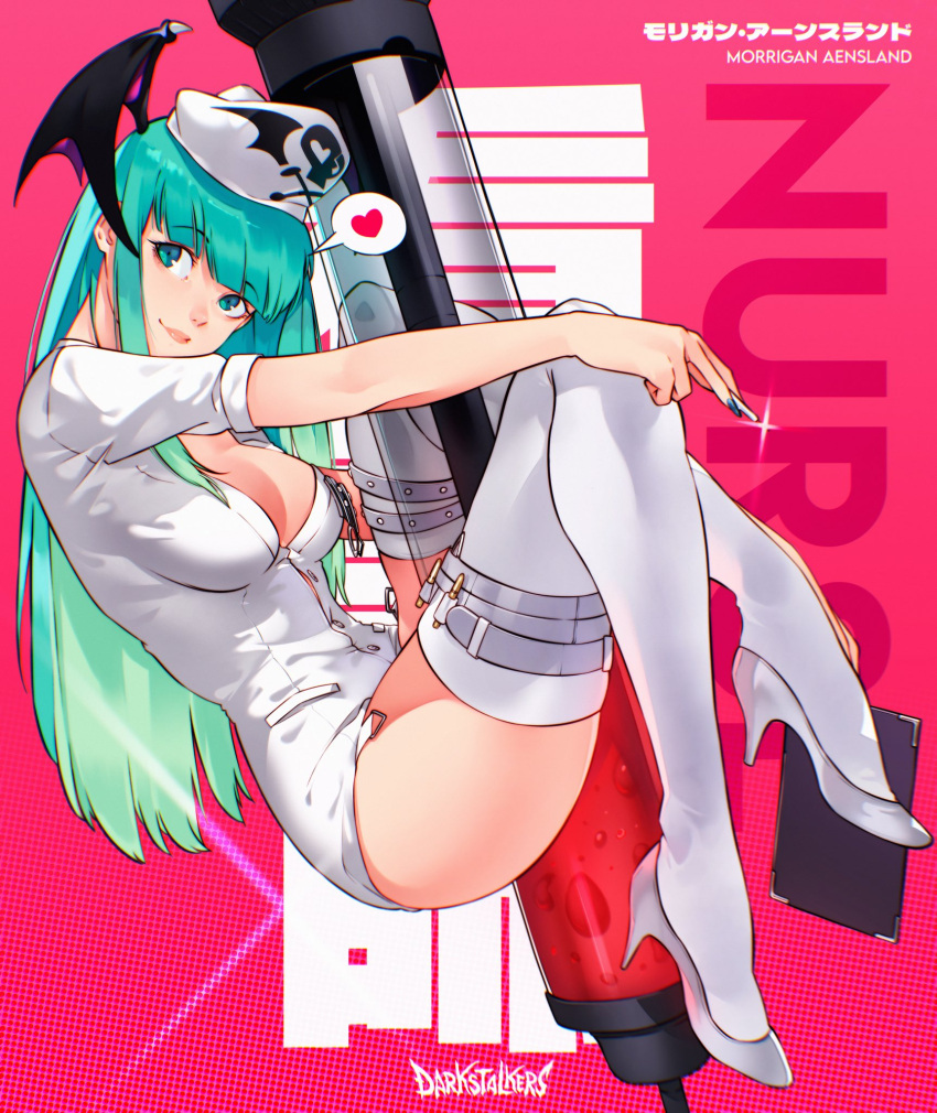 bat_wings blood breasts capcom cesar_art456 cleavage darkstalkers green_eyes green_hair high_heels legs light-skinned_female light_skin morrigan_aensland nurse nurse_cap nurse_uniform syringe thigh_high_socks thigh_strap thighhighs thighs