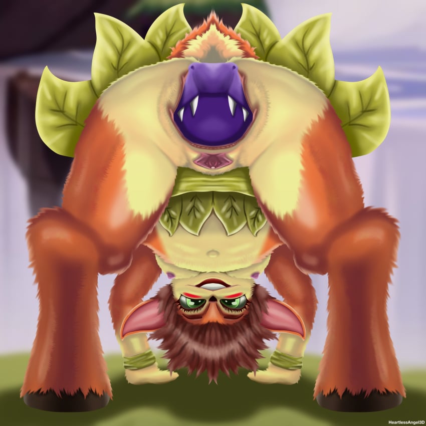 absurd_res activision all_fours anal anal_vore anthro ass belly blush bottomless bottomwear breasts brown_body brown_fur brown_hair clothed clothing dragon duo elora faun_(spyro) female female_pred fur genitals hair heartlessangel3d hi_res leaf looking_at_viewer male_prey mythological_creature mythological_scalie mythology navel nipples partially_clothed pussy scalie skirt solo_focus spyro spyro_the_dragon teeth vore