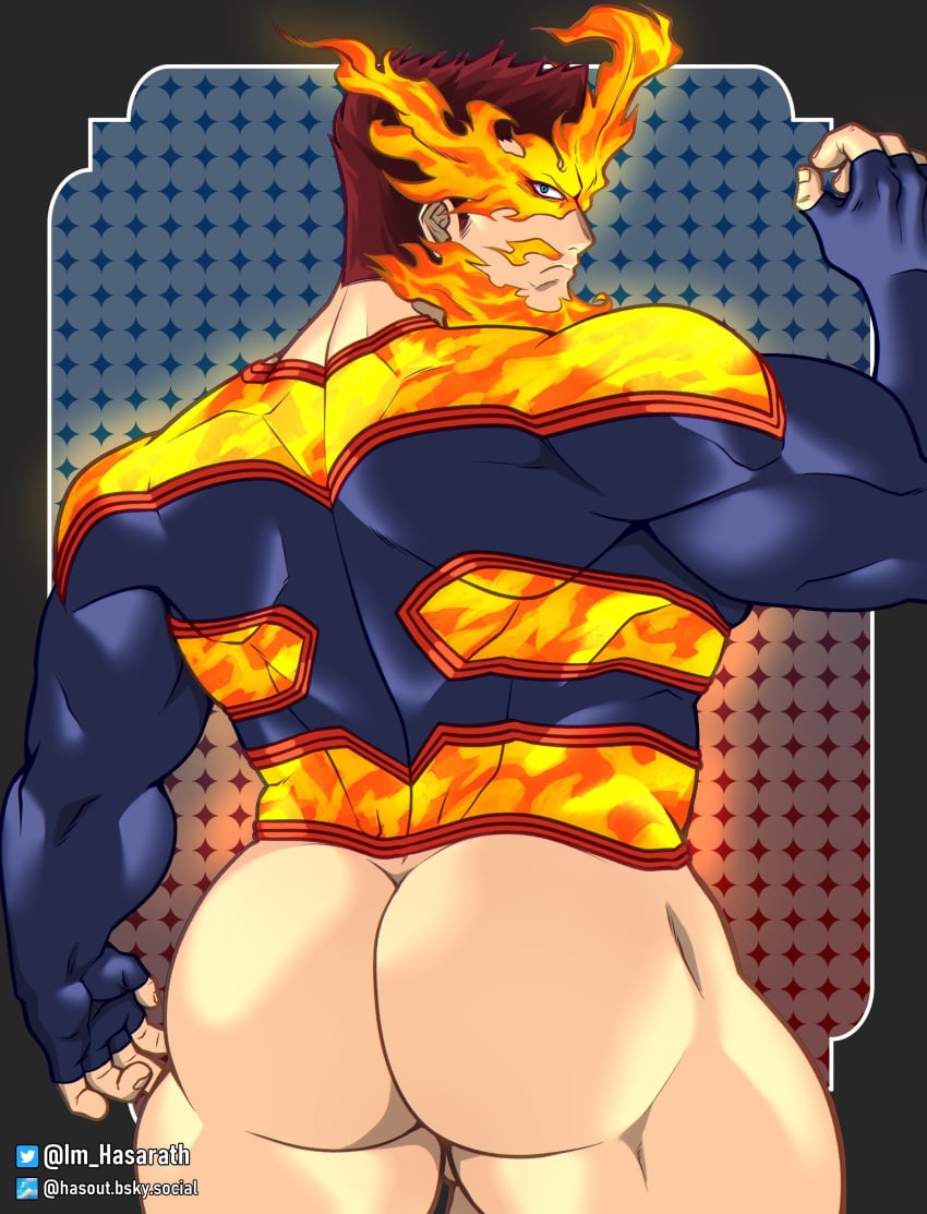 1boy absurdres arts_of_hasarath ass bara biceps blue_eyes boku_no_hero_academia endeavor_(my_hero_academia) enji_todoroki fiery_beard fiery_hair fire highres huge_ass looking_at_viewer looking_back male_focus manly mature_male muscular muscular_male my_hero_academia patterned_background red_hair short_hair simple_background solo spandex spiked_hair suit thick_arms twitter_username