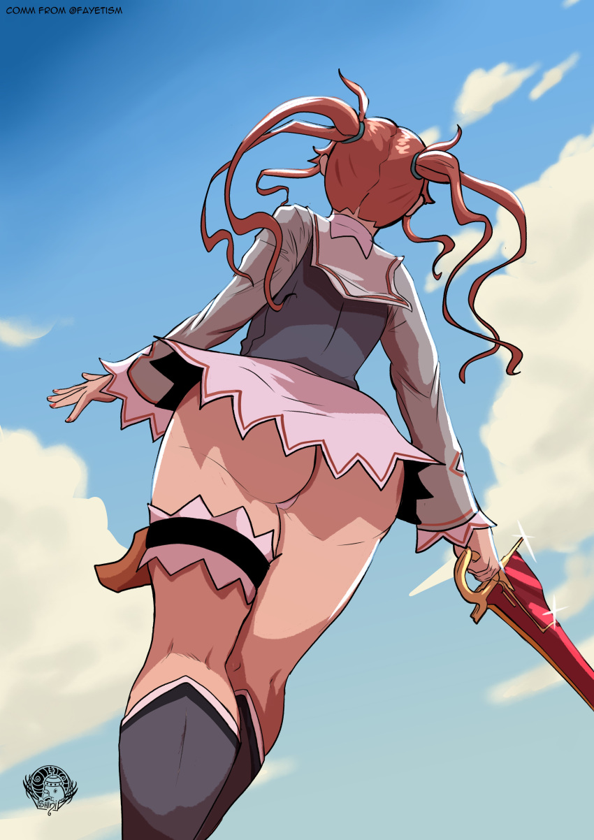 absurdres artist_logo ass blue_sky boots commission earrings english_commentary female from_behind from_below gauche_(tales) hair_ornament hair_rings highres holding holding_weapon jewelry no_panties red_hair red_nails short_hair signature skirt sky solo sword tales_of_(series) tales_of_vesperia theshini thigh_ring twintails upskirt weapon