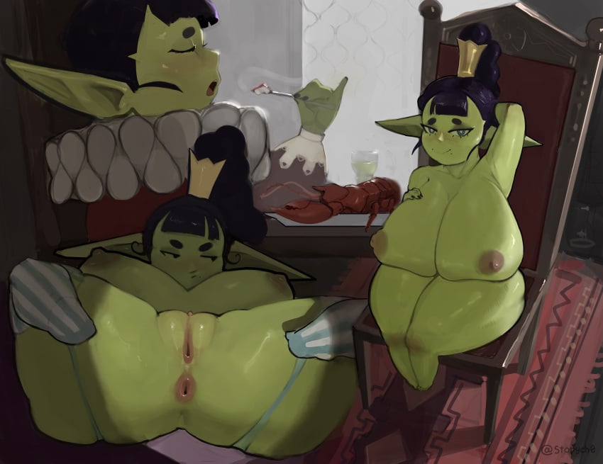 absurd_res anus ass big_breasts big_butt braided_hair breasts breasts_on_lap clothed clothing crown female goblin goblin_female hair headgear hi_res huge_breasts huge_butt humanoid jazel_(forastero) nipples sagging_breasts slightly_chubby solo stopych