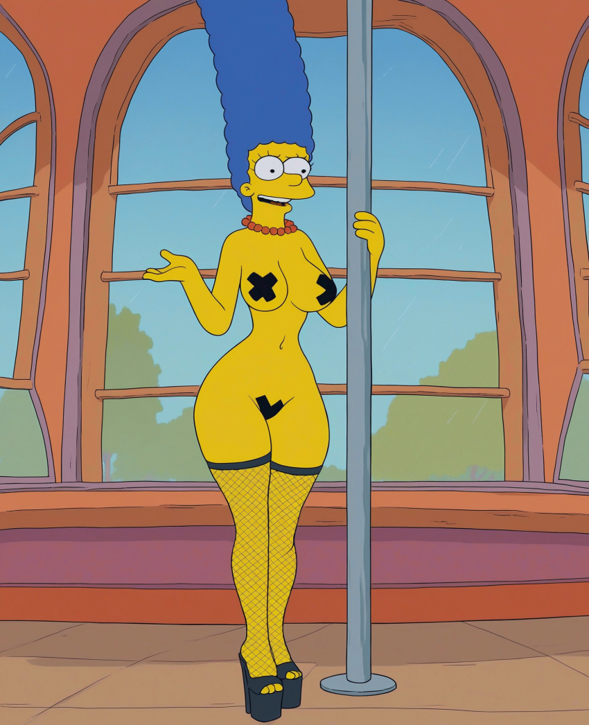 20th_century_fox 20th_century_studios ai_generated artstyle_imitation fishnet_stockings fishnets fonglet high_heels maebari marge_simpson narrow_waist pearl_necklace platform_heels pole_dancing red_necklace stripper taped_nipples teeth the_simpsons thick_thighs