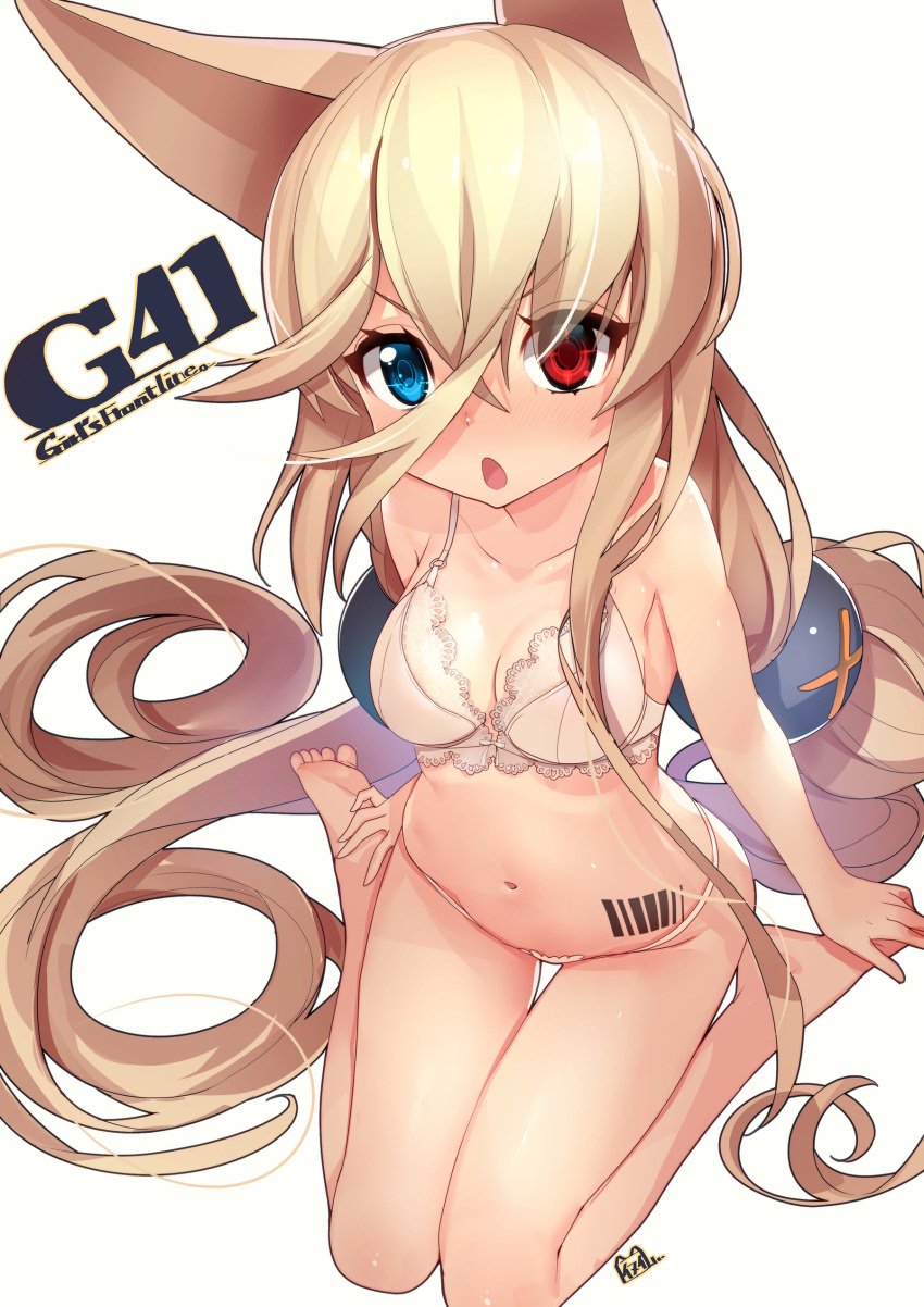 absurdres animal_ears barcode barcode_tattoo barefoot blonde_hair blue_eyes blush bra breasts character_name collarbone commentary_request copyright_name female g41_(girls'_frontline) girls'_frontline h&k_g41 hair_between_eyes heterochromia highres long_hair looking_at_viewer low_twintails medium_breasts navel open_mouth panties red_eyes sitting solo tattoo twintails underwear very_long_hair wariza white_panties yamacchi