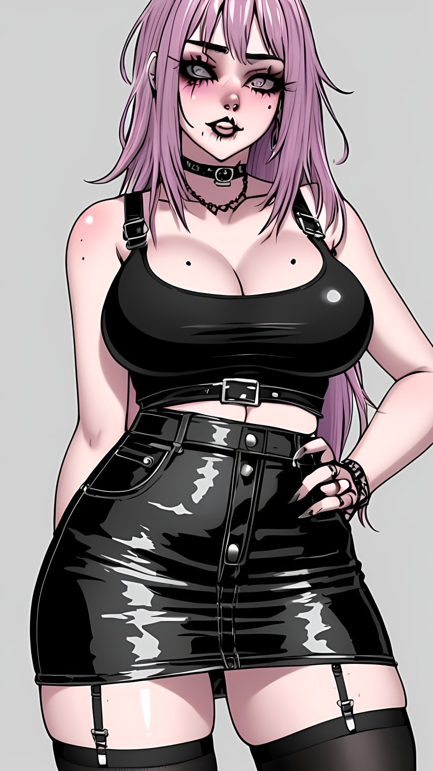 ai_generated ai_hands chocker cleavage crop_top e-girl egirl emo freckles goth huge_breasts leather_skirt mole pink_hair skirt tetillas_(artist) thick_thighs thighhighs white_skin xd