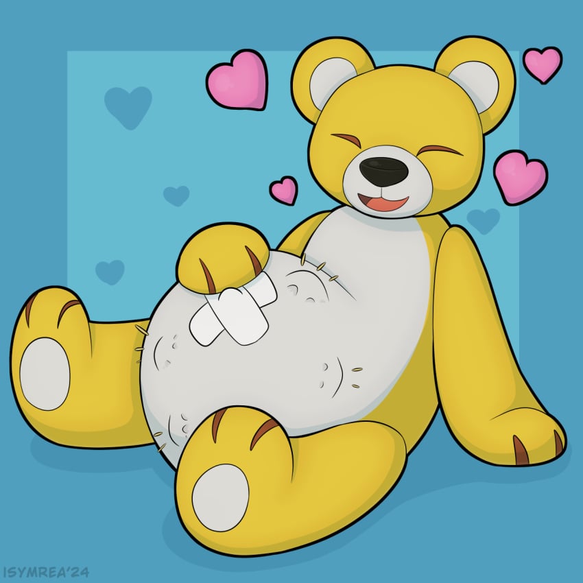 animate_inanimate anthro bandai_namco bear closed_eyes digimon hi_res male mammal plushie pregnant simple_background stuffing_(material) symrea yellow_body