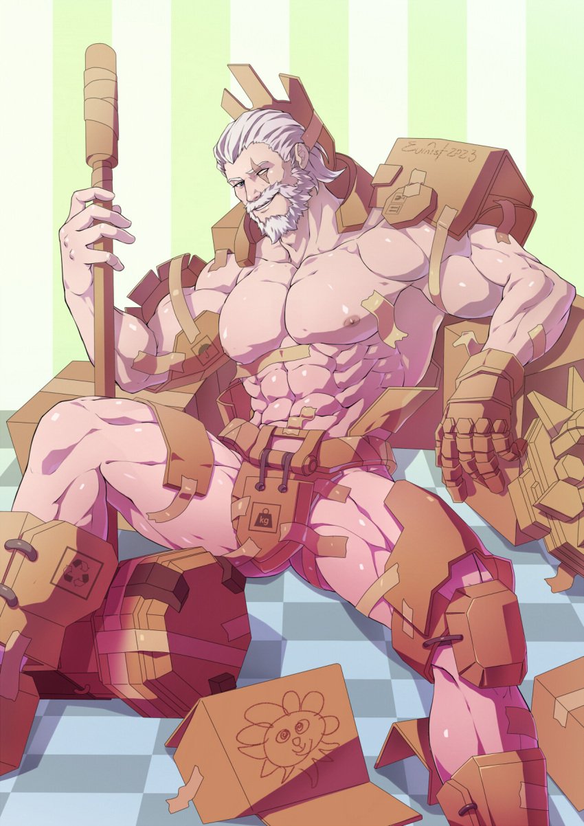 1boy activision bara beard blizzard_entertainment daddy evinist looking_at_viewer male male_nipples male_only mature_male muscular_male nipples overwatch overwatch_2 reinhardt scar white_beard white_hair