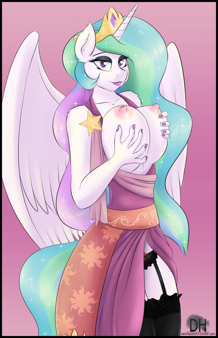 2015 absurd_res alicorn anthro anthrofied big_breasts biped black_border_border breasts clothing conditional_dnp crown dress equid equine feathered_wings feathers female fondling_hair friendship_is_magic hand_on_breast hasbro headgear hi_res horn legwear looking_at_viewer mammal multicolored_hair my_little_pony mythological_creature mythological_equine mythology nipples panties princess_celestia_(mlp) self_fondle smile solo standing sugarlesspaints thigh_highs underwear white_body white_feathers wings