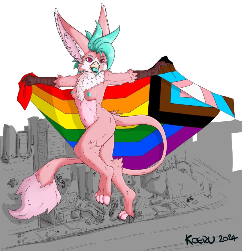 anthro avian beak belly big_ears breasts city cityscape crushed_building feathers female flag fluffy_chest fluffy_ears fur gryphon hair hi_res hybrid koeru lgbt_pride lgbt_pride_month long_tail macro mohawk mythological_avian mythological_creature mythology nipples open_beak open_mouth paws pink_belly pink_body pink_feathers pink_fur prancing pride_color_flag purple_eyes simple_background small_breasts solo tail teal_hair teal_nipples teal_tongue tongue tongue_out