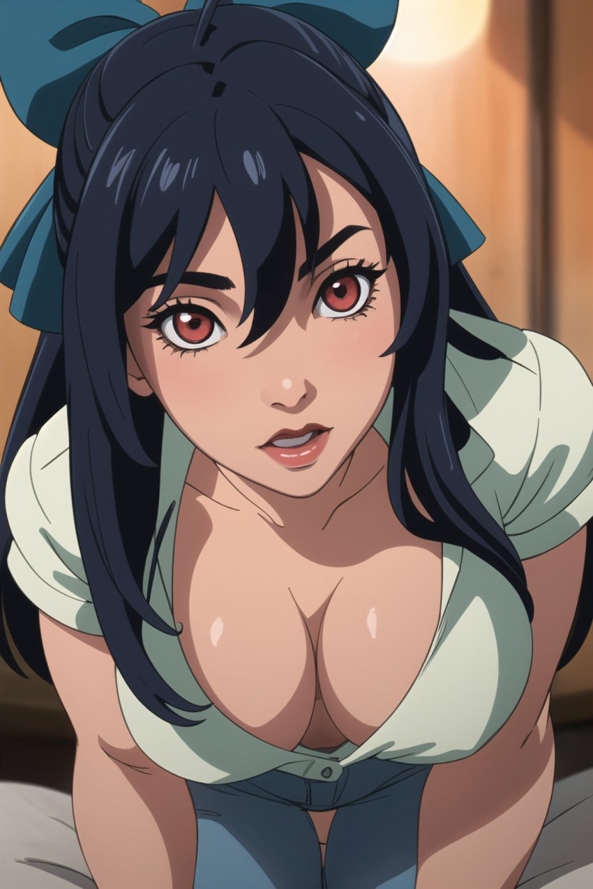 ai_generated black_hair breasts female hamyuts_meseta huge_breasts large_breasts long_hair red_eyes ribbon solo tatakau_shisho the_book_of_bantorra voluptuous_female