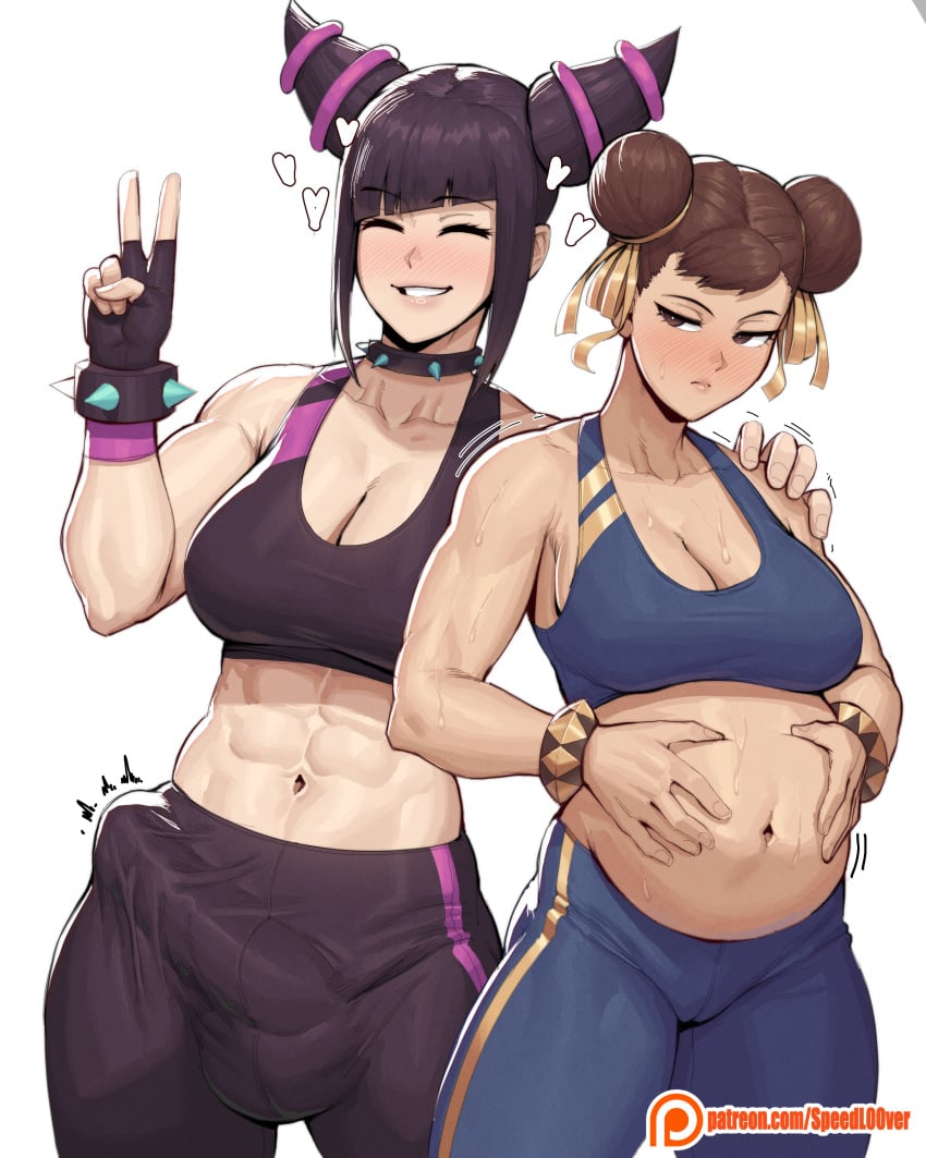 abs absurdres blush bracelet brown_hair bulge chun-li collar covered_penis double_bun erection erection_under_clothes female futanari hair_bun hair_horns hair_ribbon hands_on_own_stomach highres huge_cock if_they_mated jewelry juri_han muscular muscular_female pants peace_sign penis pregnant ribbon speedl00ver spiked_bracelet spiked_collar spikes sports_bra street_fighter street_fighter_iv_(series) sweat v yoga_pants